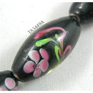 black lampwork glass beads, barrel, flower, 10x19mm, hole:2mm