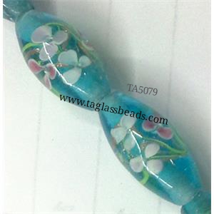 glass lampwork beads, barrel, flower, blue, 10x19mm, hole:2mm