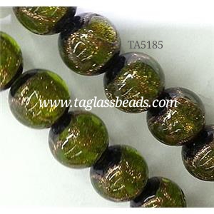 lampwork glass bead, round, green, 12mm dia