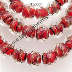 red Lampwork glass beads, faceted rondelle, approx 12mm