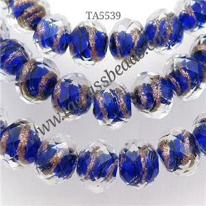 blue Lampwork glass beads, faceted rondelle, approx 10mm