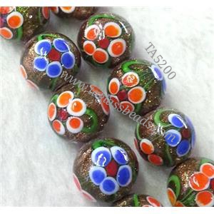 lampwork bead with flower and goldsand, round, 14mm dia