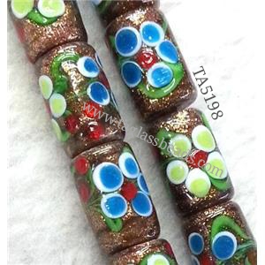 lampwork bead with flower and goldsand, round tube, 10x20mm