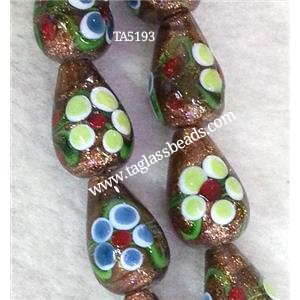 lampwork bead with flower and goldsand, teardrop, 12x18mm