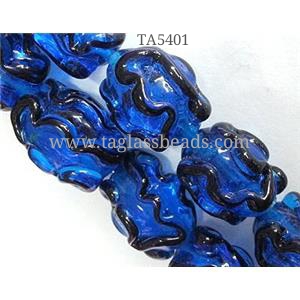 Lampwork Glass bead with stripe, barrel, blue, 13x18mm