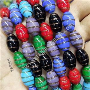 Lampwork Glass Rice Beads Mix Color Gold Foil, approx 10-16mm