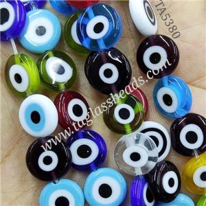 lampwork glass beads with evil eye, flat-round, mixed color, 8mm dia